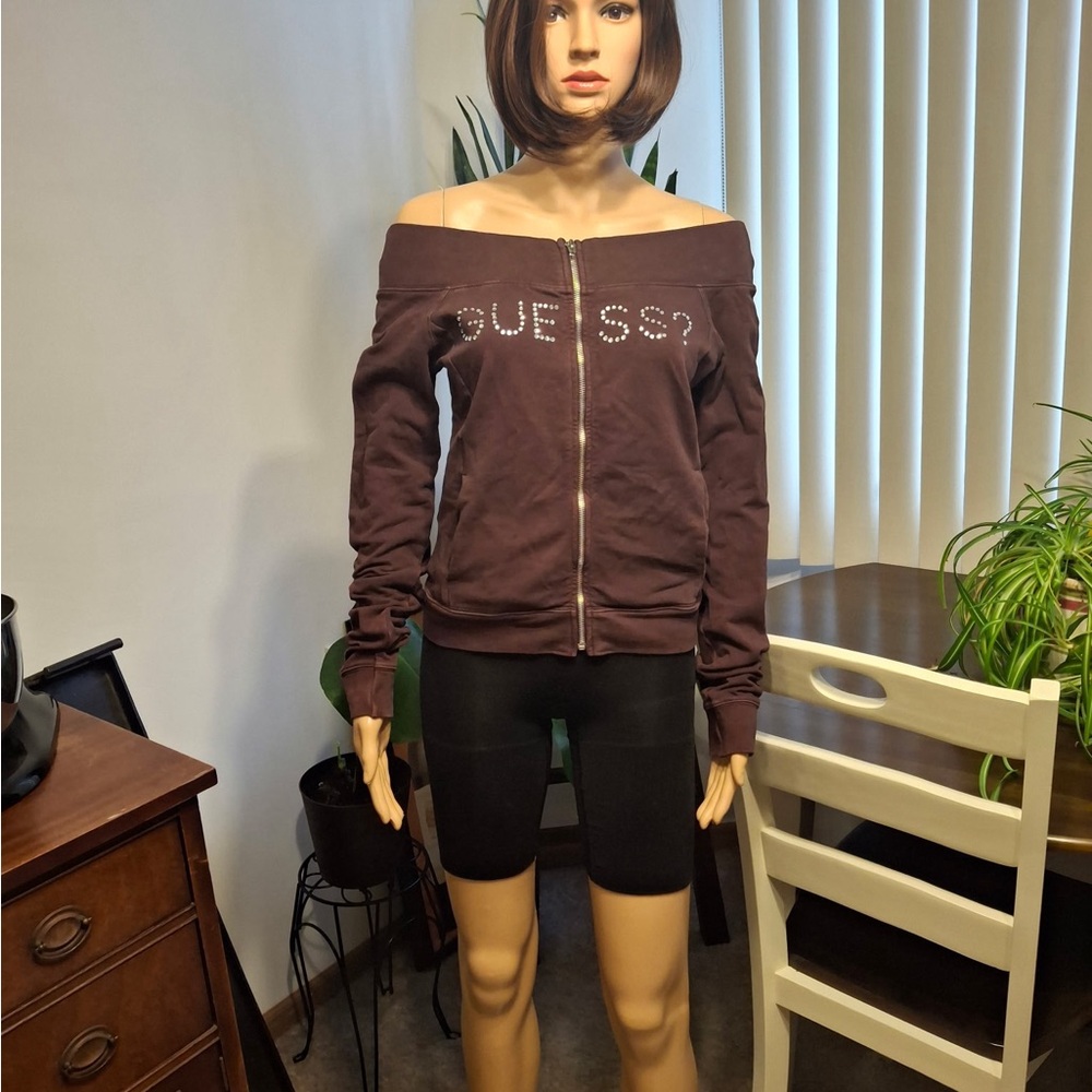 Guess Chocolate Off-Shoulder Zip-Up Top